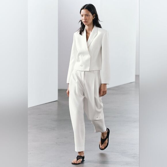 NWT ZARA WOMAN COLLECTION Cropped blazer made with 25% linen WHITE - Picture 5 of 16
